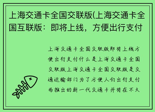 上海交通卡全国交联版(上海交通卡全国互联版：即将上线，方便出行支付！)